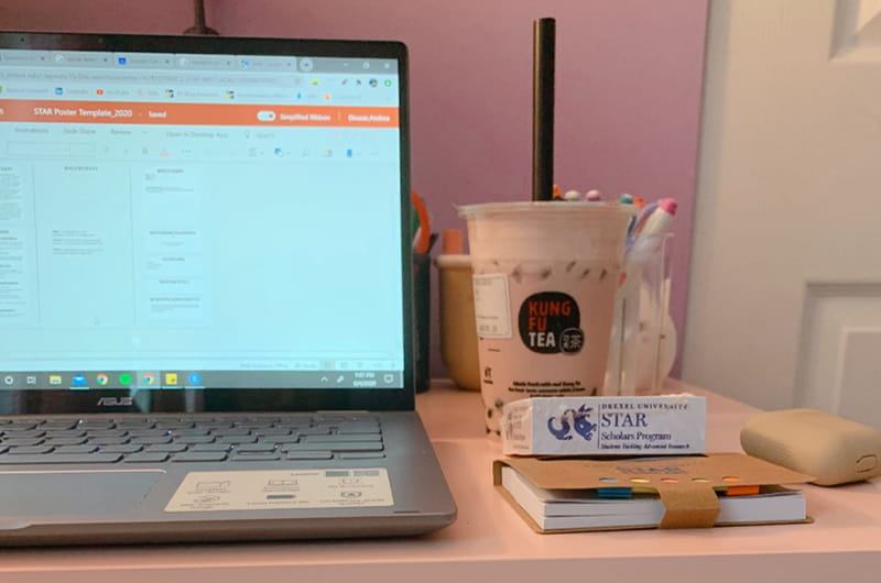 Andrea Eleazar's work station for her remote STAR Scholars experience this summer. Drexel's STAR Scholars program was one of the deciding factors for Eleazar in choosing to attend Drexel.