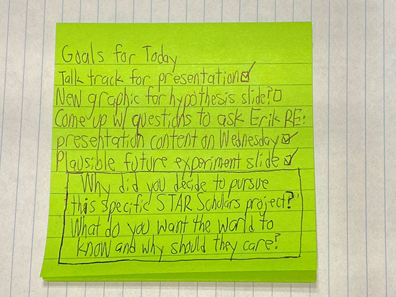Patrick Henderson said this year's STAR Scholars program helped him learn skills like adaptability and self-management, like keeping track of tasks via Post-it notes like this.