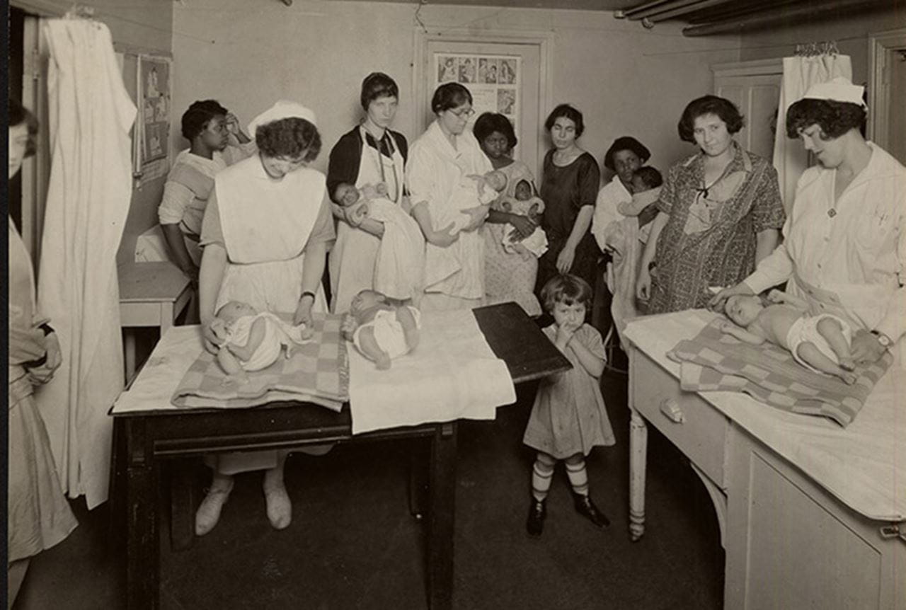 Children being cared for at the Barton Dispensary in 1918, which would temporarily close in the fall due to the pandemic. Photo courtesy Legacy Center Archives, Drexel University College of Medicine. 