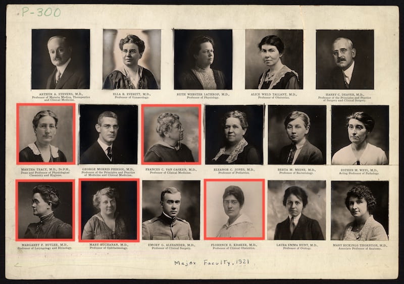 Highlighted in this photo of 1921 WMCP faculty are the five medical professionals referenced or quoted in this article. Photo courtesy Legacy Center Archives, Drexel University College of Medicine.