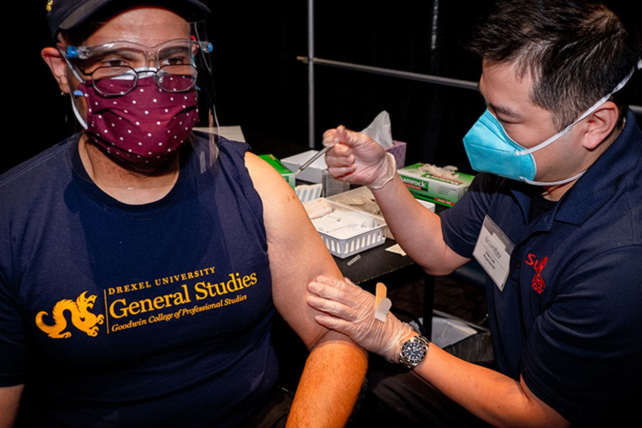 Lamont Wilson, senior director, degree completion programs, Goodwin College of Professional Studies, received the first dose of the Pfizer vaccine on April 19 at Drexel University.
