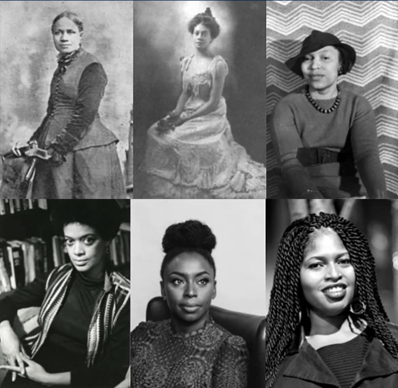 (From left to right, top row) Frances Ellen Watkins Harper, Alice Dunbar Nelson, Zora Neale Hurston, (bottom row) Toni Cade Bambara, Chimamanda Ngozi Adichie, Mecca Jamilah Sullivan.