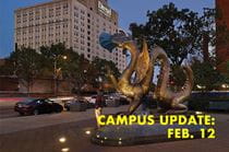 dragon statue with the text campus update Feb. 12
