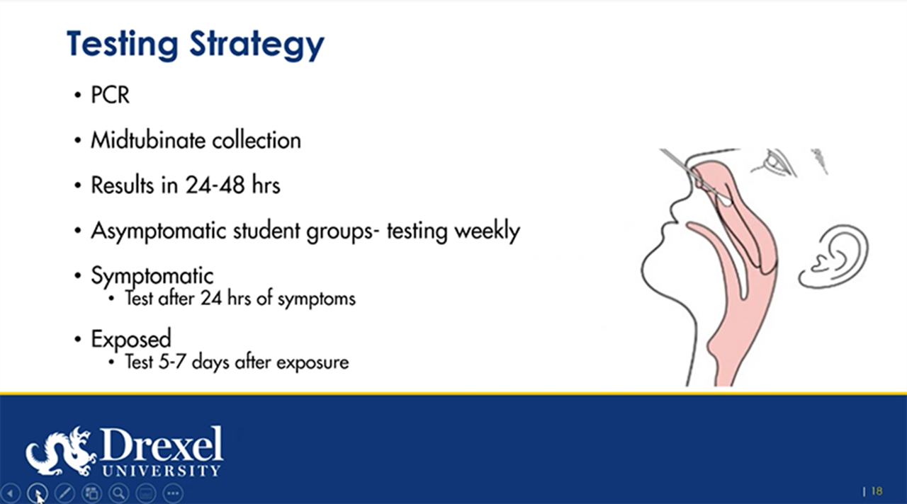 A slide from the presentation of Janet Cruz, MD, about the COVID-19 tests administered at Drexel.