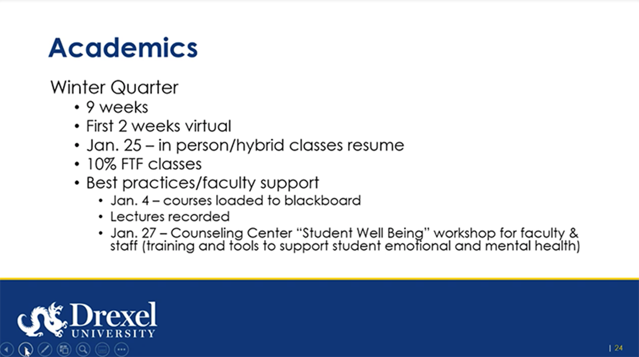 A slide from the presentation of Paul Jensen, PhD, about academics in winter term.