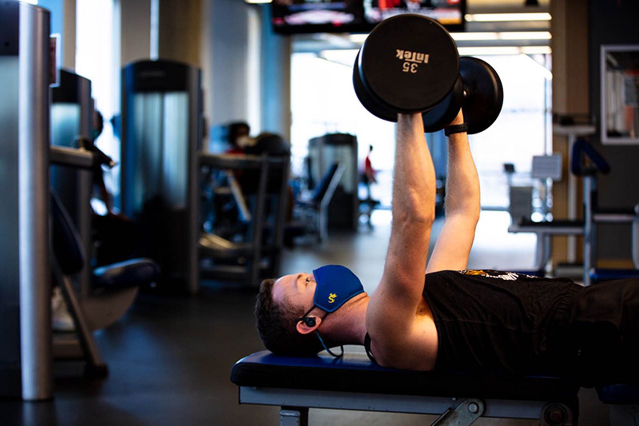 A Drexel student works out in the Rec Center during the fall 2020 term. The Rec Center will open for winter term on Jan. 25. Photo by Ben Wong.
