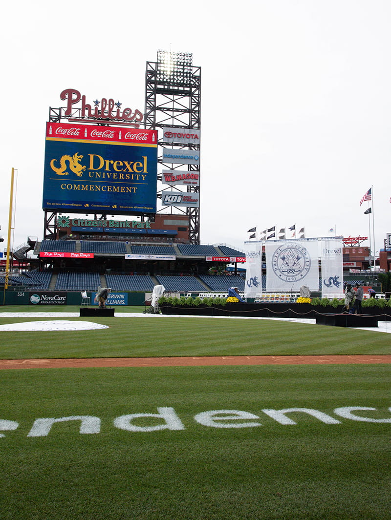 The stage for Drexel's commencement ceremony at Citizens Bank Park.
