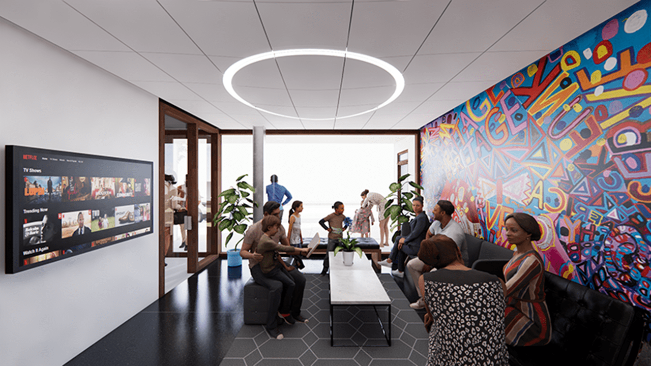 A rendering of the proposed community living room meeting space inside the Sun Building.