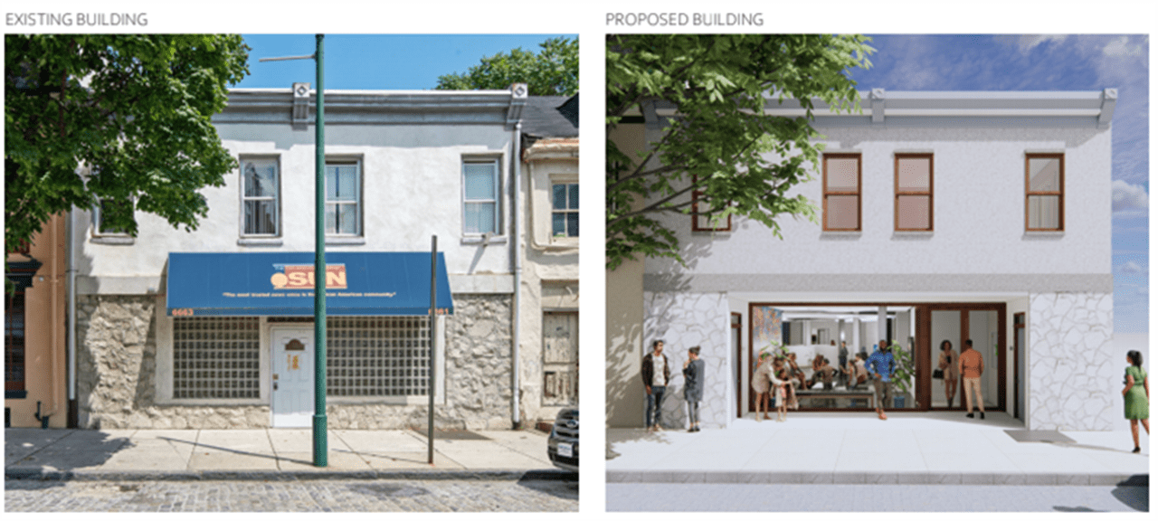 The current and the proposed new facade of the Sun Building.