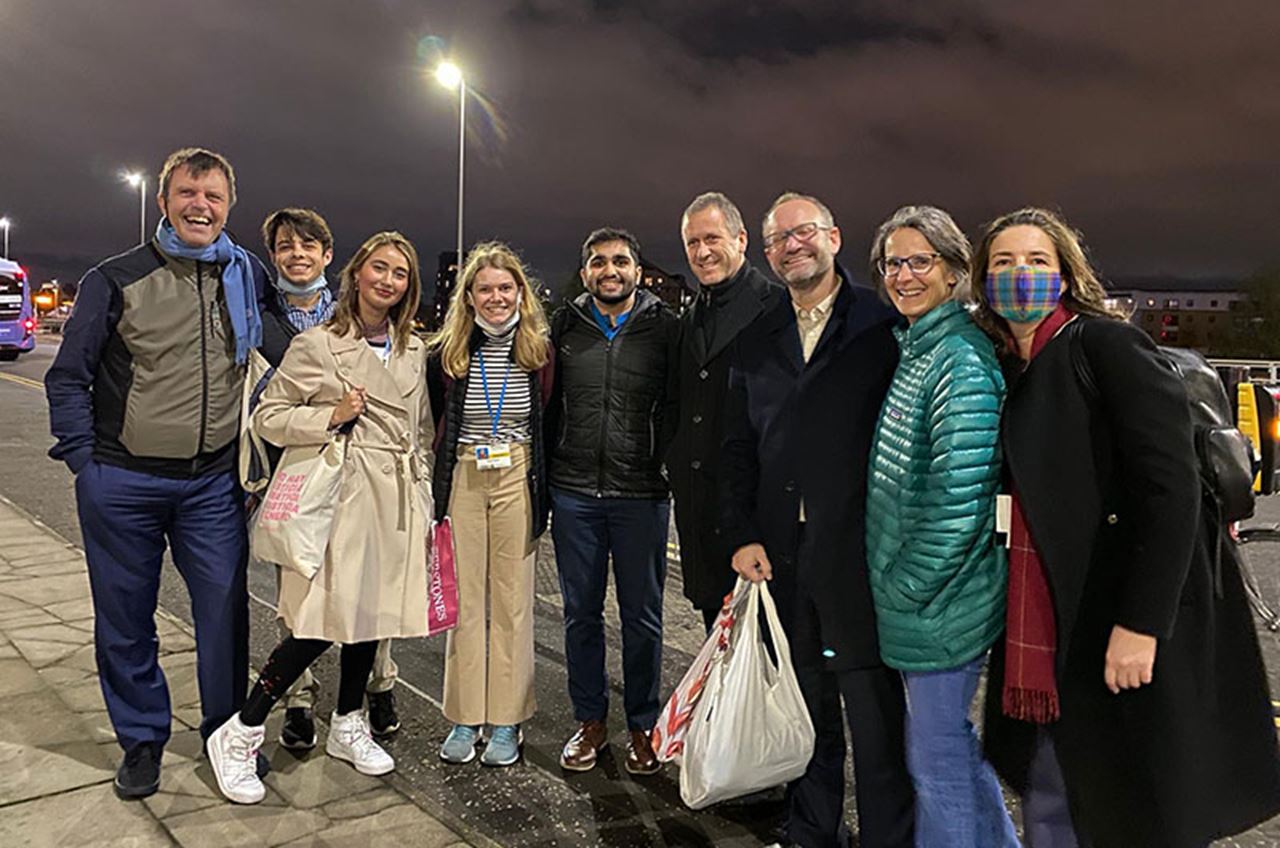 A group outside the conference, including, from left to right, UNFCCC High-Level Climate Action Champion of United Kingdom Nigel Topping, William Newman, Juliete Martínez Oyarzún (a climate activist from Chile), Sarah Wetzel and Atharva Bhagwat. Third from the right is UNFCCC High-Level Champion of Chile Gonzalo Muñoz. Photo courtesy William Newman.