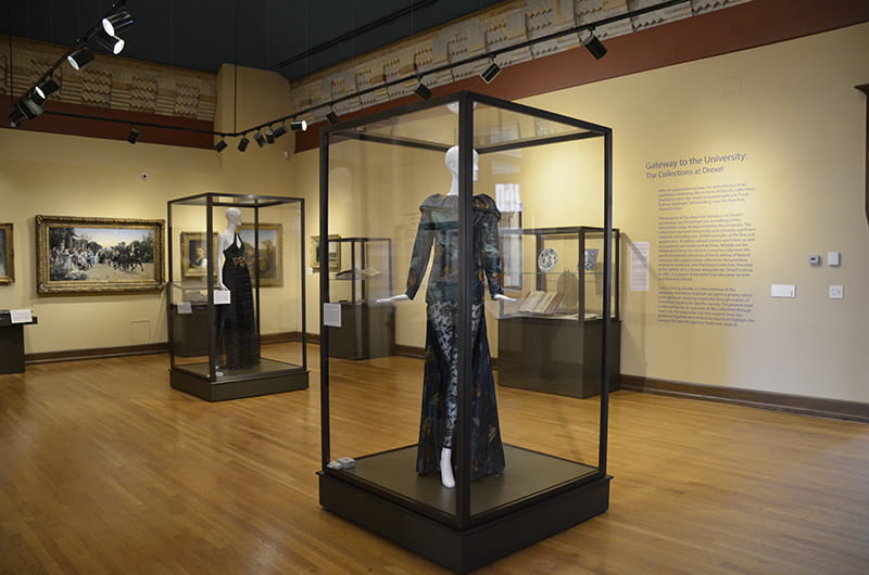 A view of “Gateway to the University: The Collections at Drexel” featuring objects from the University’s collections. 
