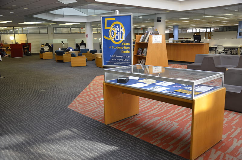 The “WKDU: 50 Years of Student-Run Radio” exhibition at the W. W. Hagerty Library.