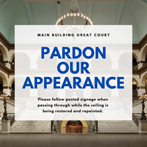 Pardon our appearance message over Main Building Great Court picture.