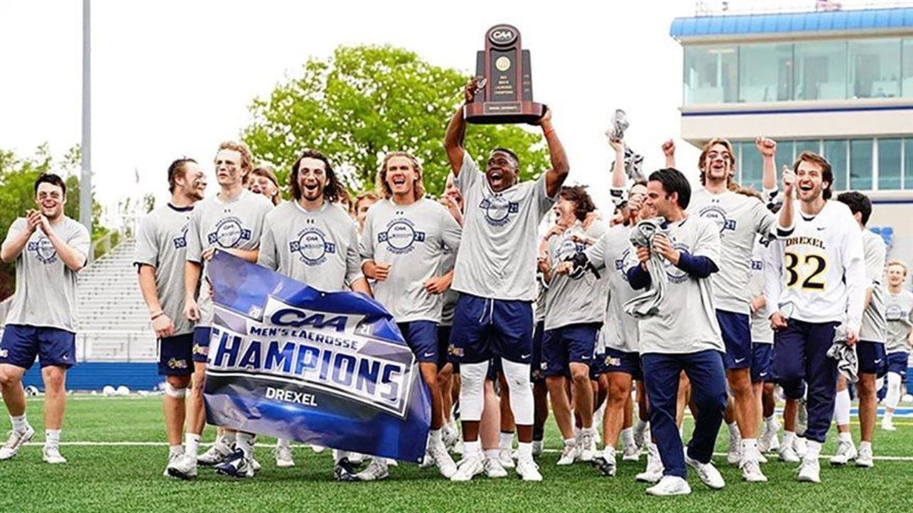 The men's lacrosse team upon defeating Hofstra and winning the CAA Championship in May 2021. The team then appearing in the NCAA tournament as one of five teams from Drexel who appeared in their respective tournaments last winter and spring seasons.
