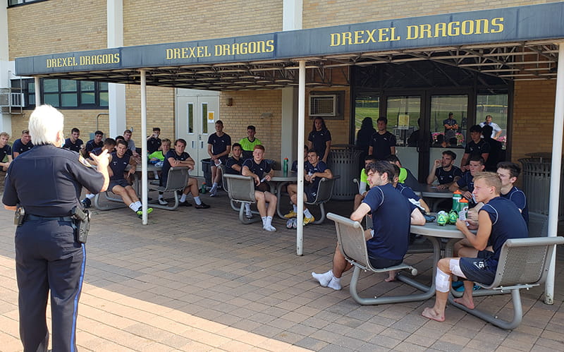 Drexel Community Relations Officer Kim McClay provides a safety session to the men’s soccer team during Welcome Week.