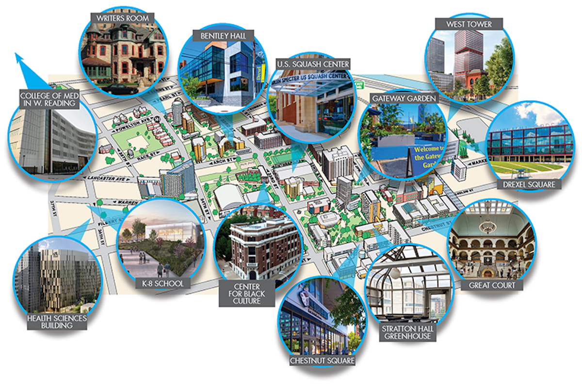 A map of updates to Drexel University's University City campus since March 2020. Illustration by Alese Dickson.