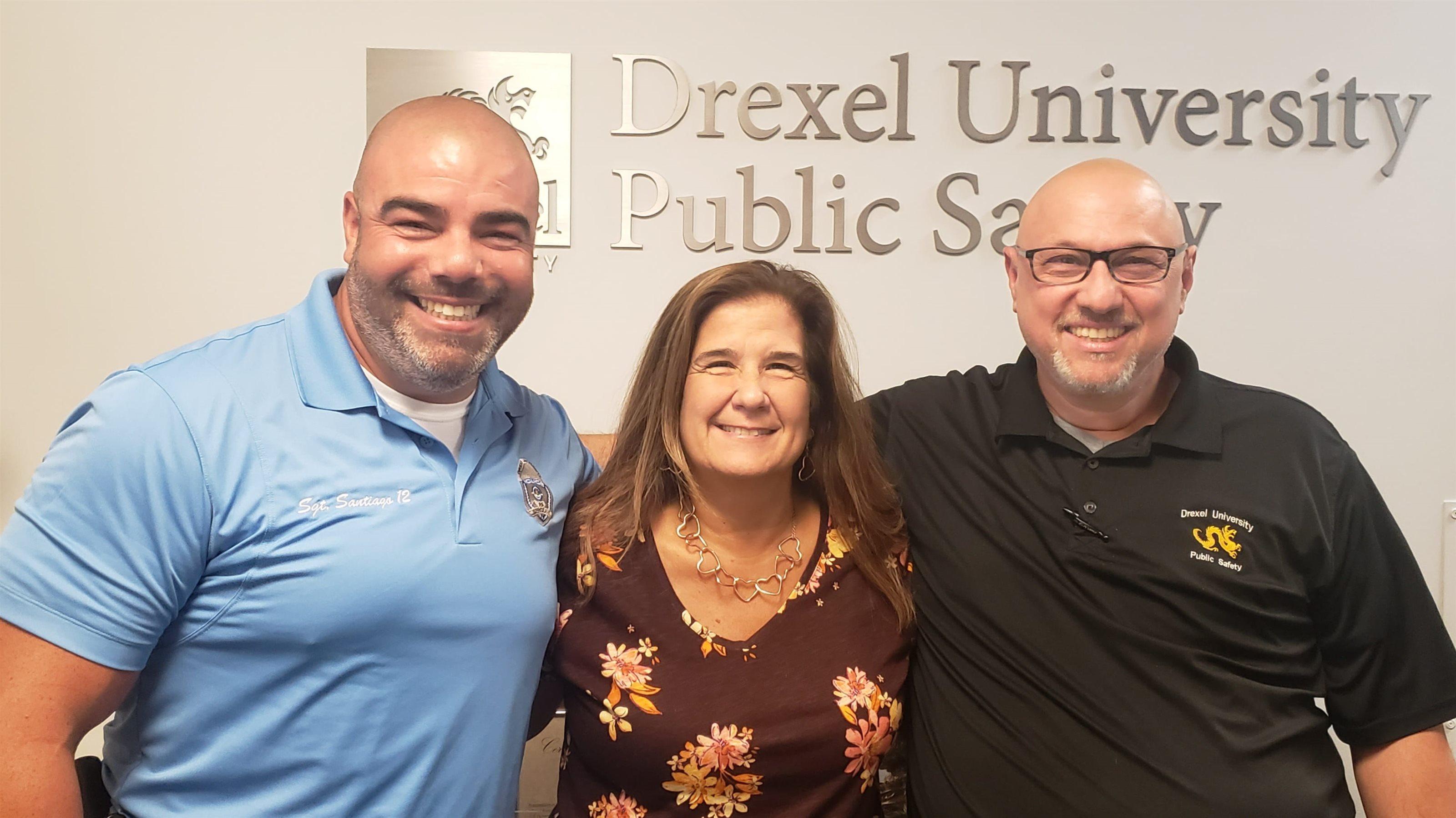 Right to left: Police Sergeant, Fernando Santiago, Associate Director of Fire and Emergency Services Madonna Calderoni and Director of Clery Compliance Moe DeLisi.
