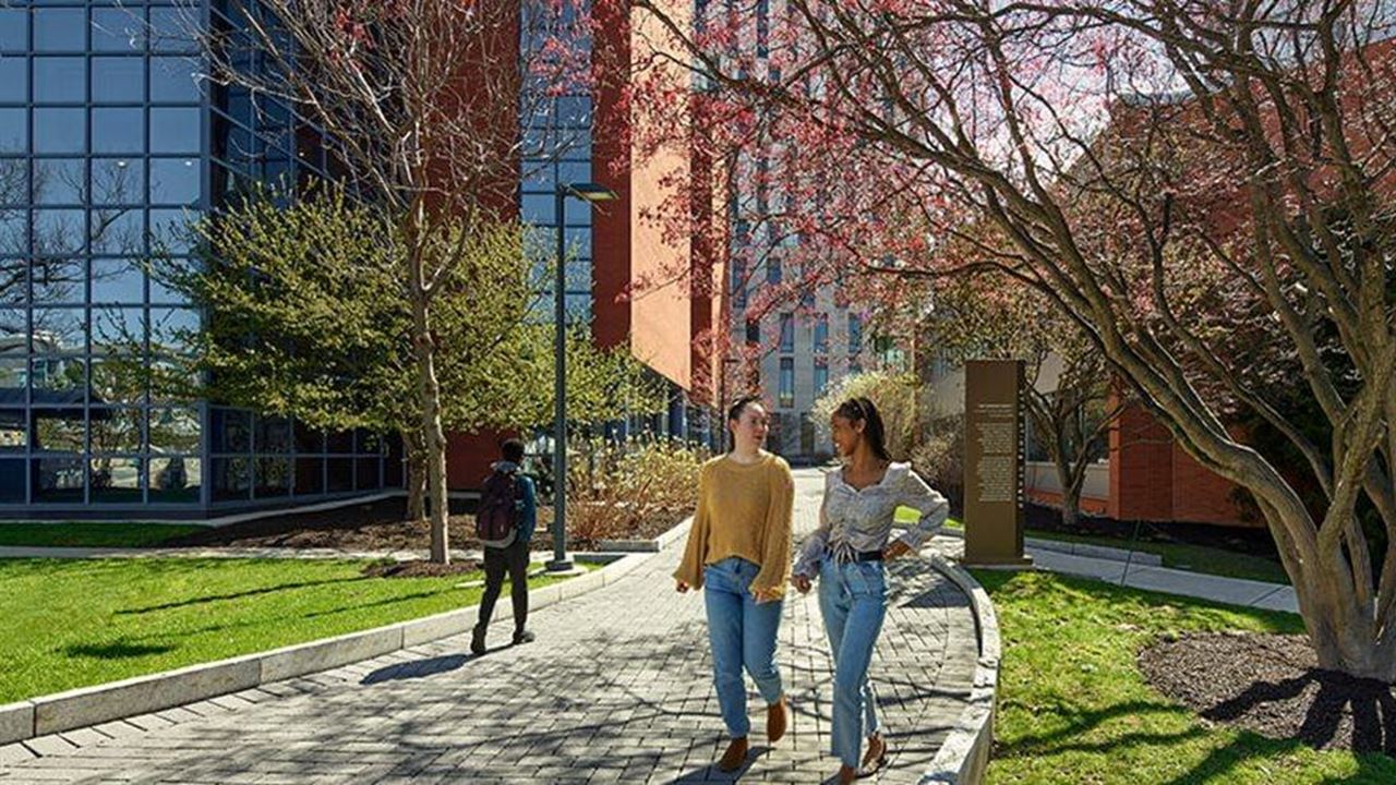 Students walk along Korman Walkway