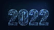 The letters 2022 as created by blue electronic pathways.