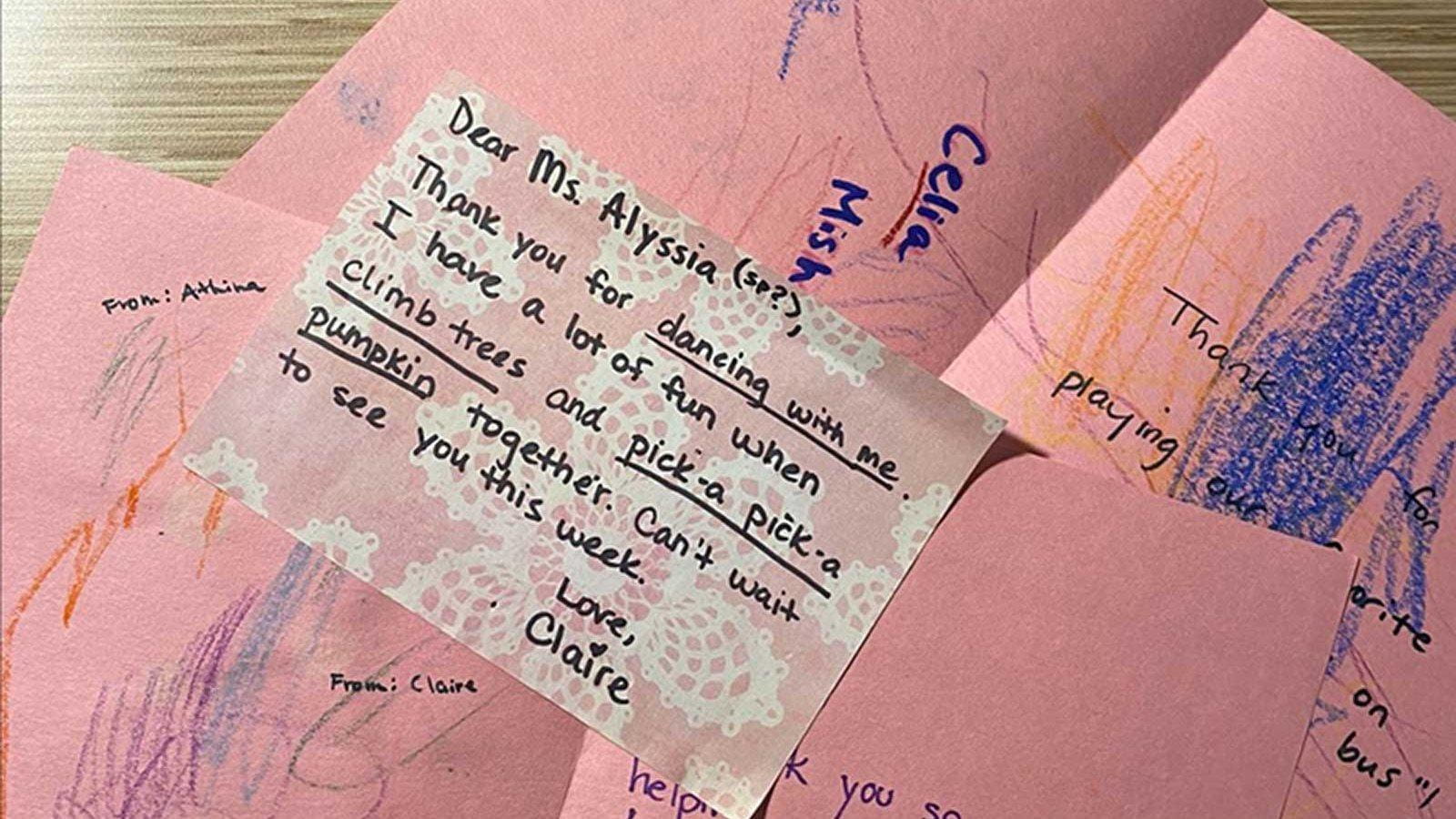 Lipsey received and kept cards from the students she worked with while on co-op at the Young Children's Center for the Arts.