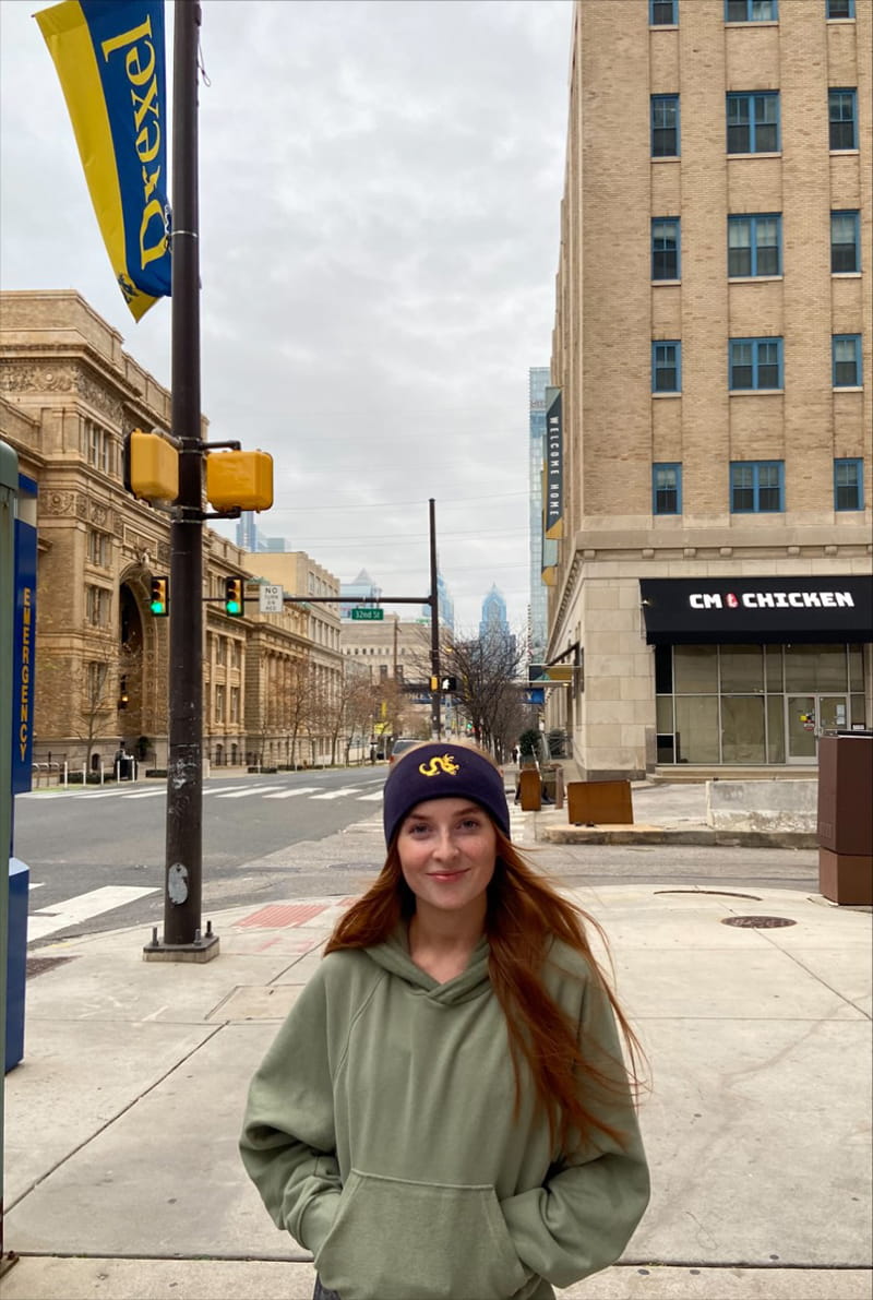 Kathryn Nuttall, a political science student from University of York in England studying abroad at Drexel through spring term, poses on Drexel's campus.