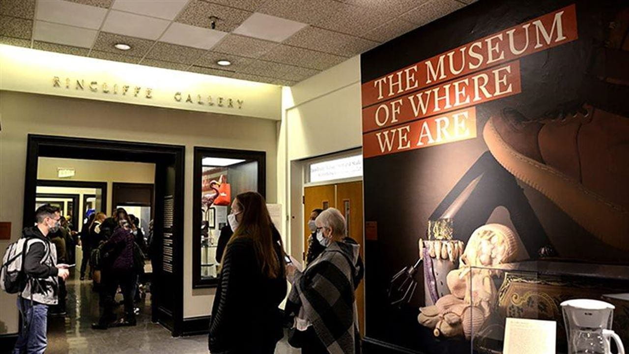 The crowd at an opening event for the 'Museum of Where We Are' exhibition held in the Rincliffe Gallery on Dec. 10.