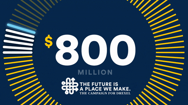 A GIF of $800 million being reached around text reading "$800 million: The Future is a Place We Make: The Campaign for Drexel."