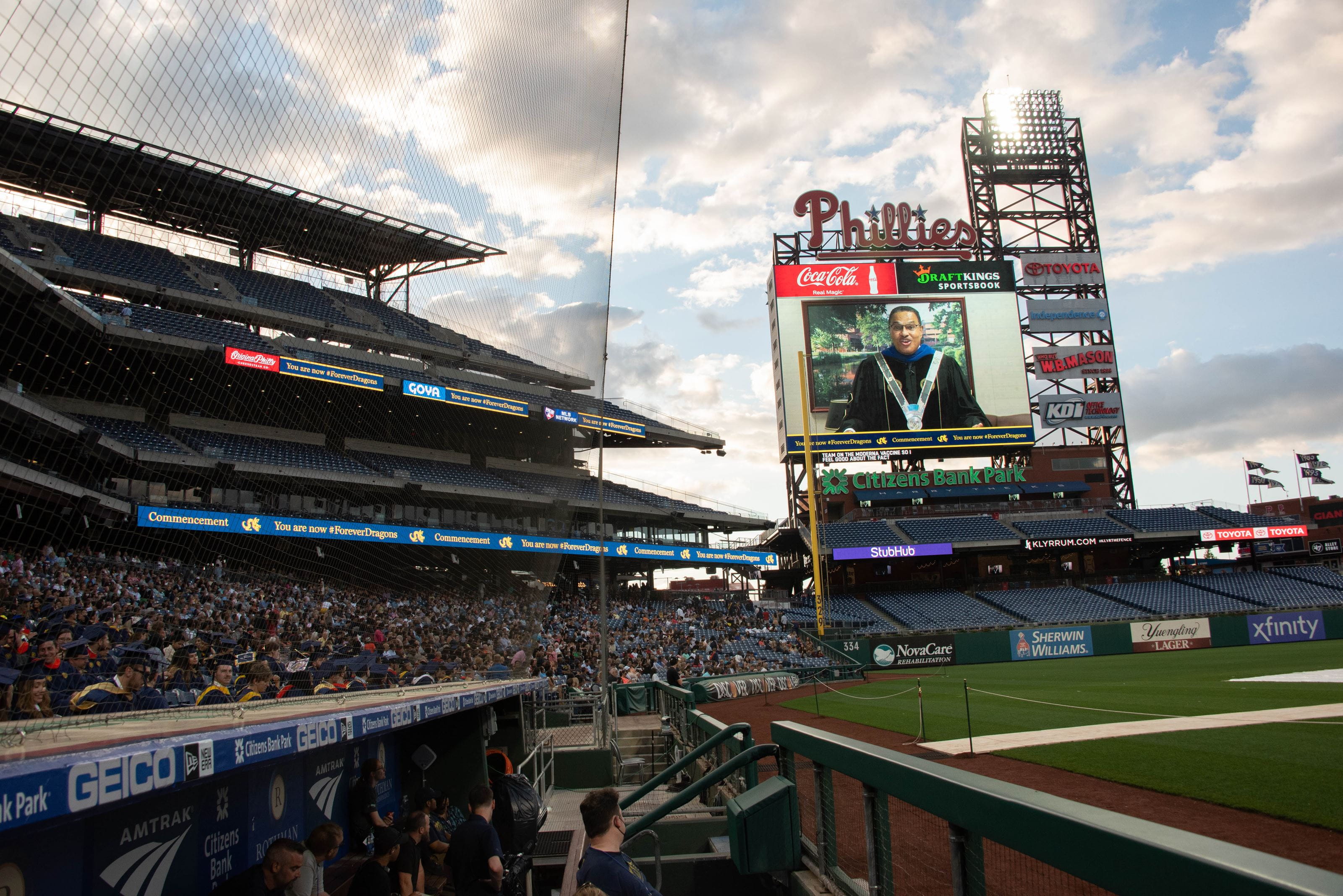 Commencement speaker and president of the University of Maryland Baltimore County (UMBC) Freeman A. Hrabowski, III, PhD, on the Phanavision screen. Photo credit: Kelly & Massa Photography.