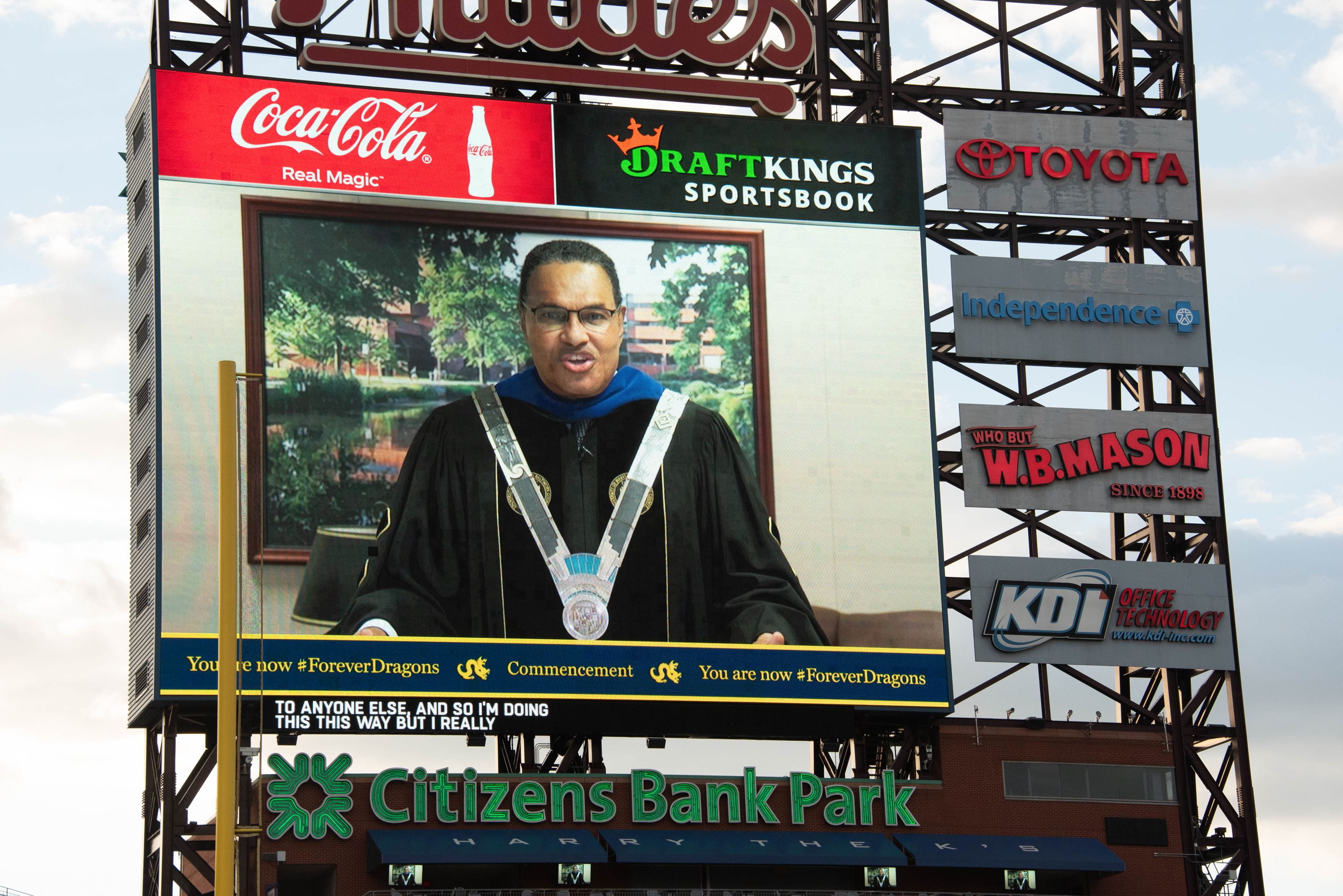 Freeman A. Hrabowski, III, PhD, president of the University of Maryland Baltimore County, gave his speech in a recorded video that played at the University-wide commencement. Photo credit: Kelly & Massa Photography.