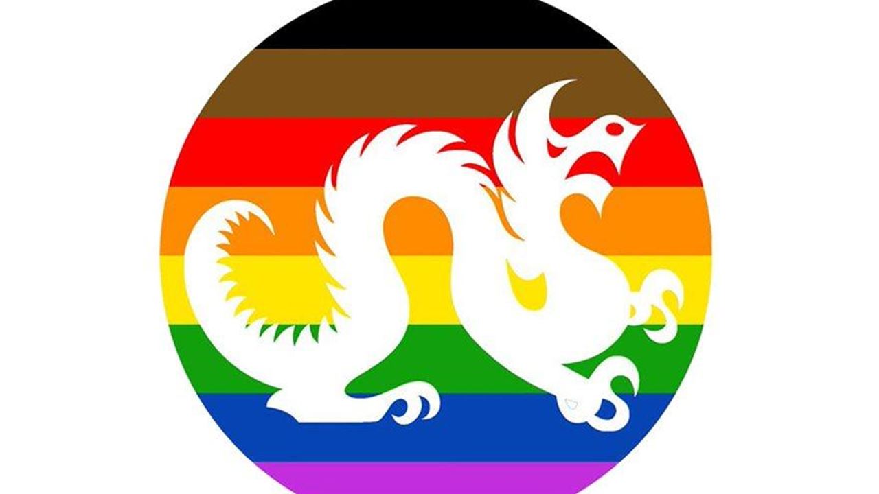 Image of the Drexel dragon logo on top of a circle with black, brown and rainbow stripes.