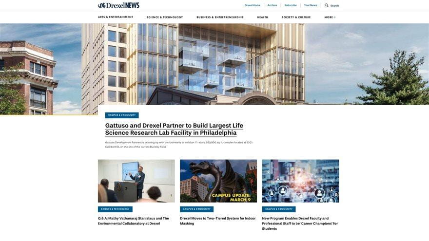 A screenshot of the DrexelNEWS homepage on March 18, 2022. 