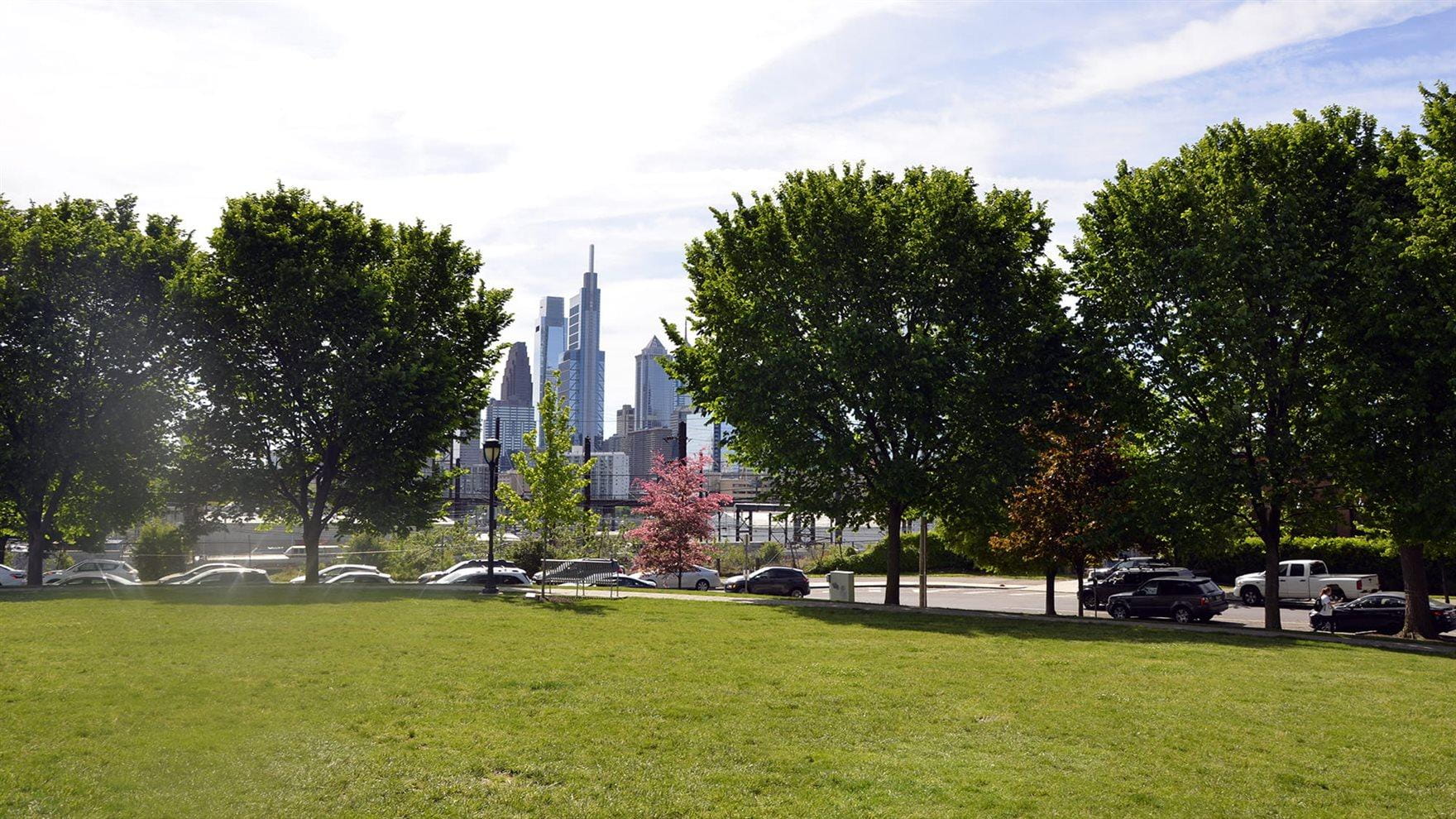 The view of the Philadelphia skyline from Drexel Park.