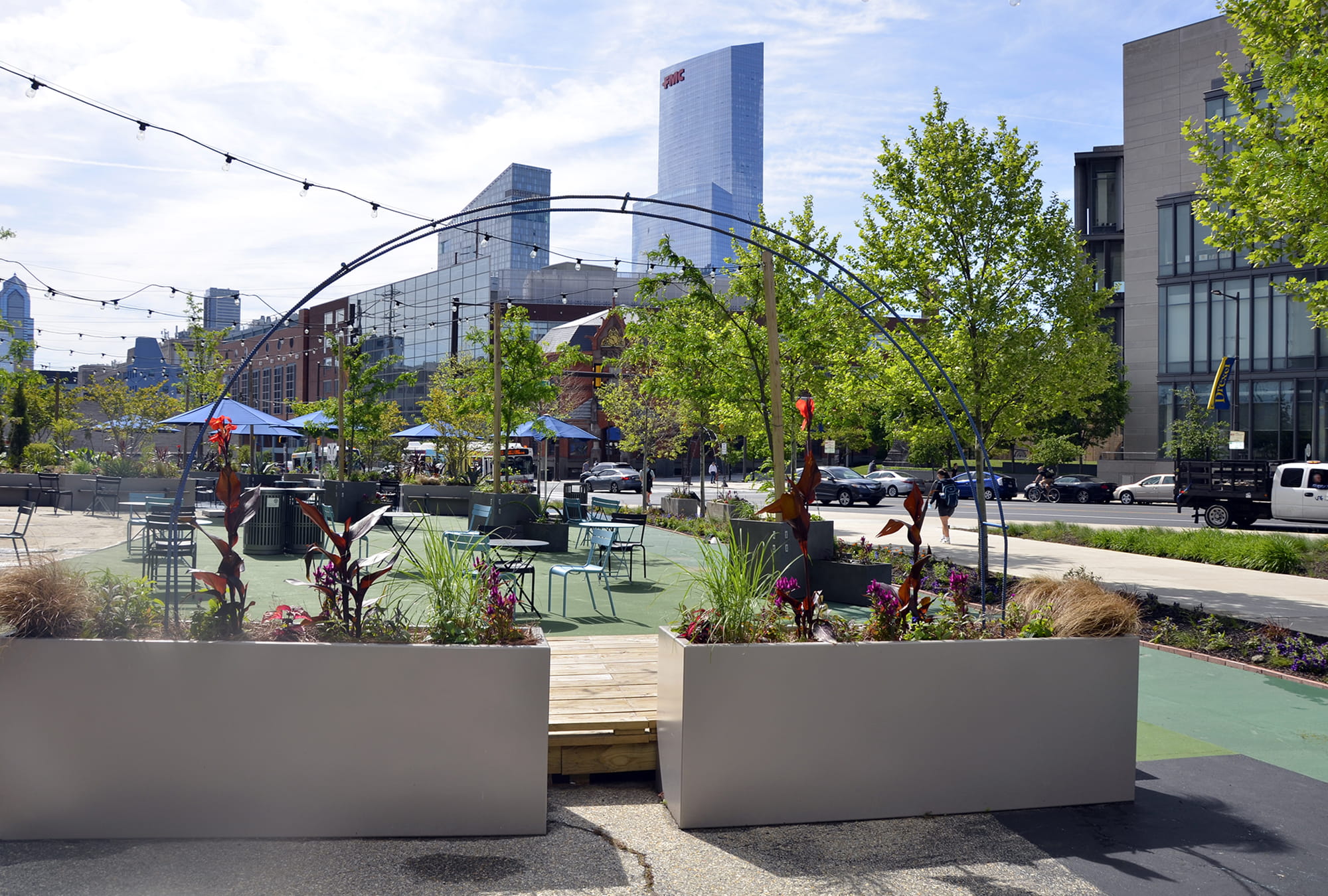 Views from the Gateway Garden on 32nd and Market streets have flowers, the FMC and Cira Green and patio space.