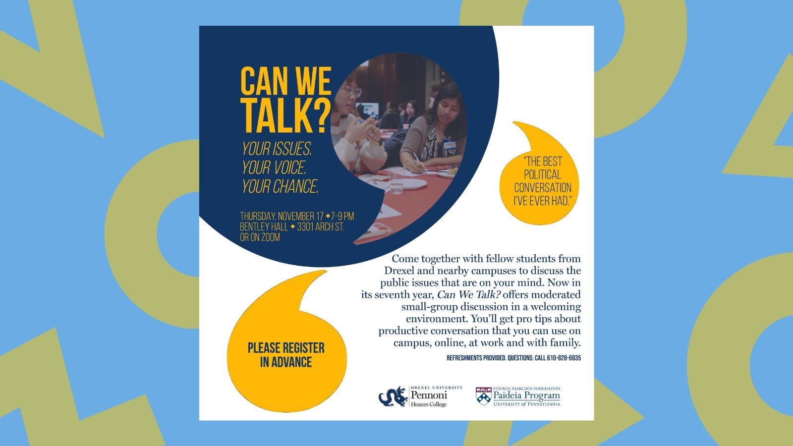 Poster for Can We Talk? event on Nov. 17 at Bentley Hall from 7-9 p.m.