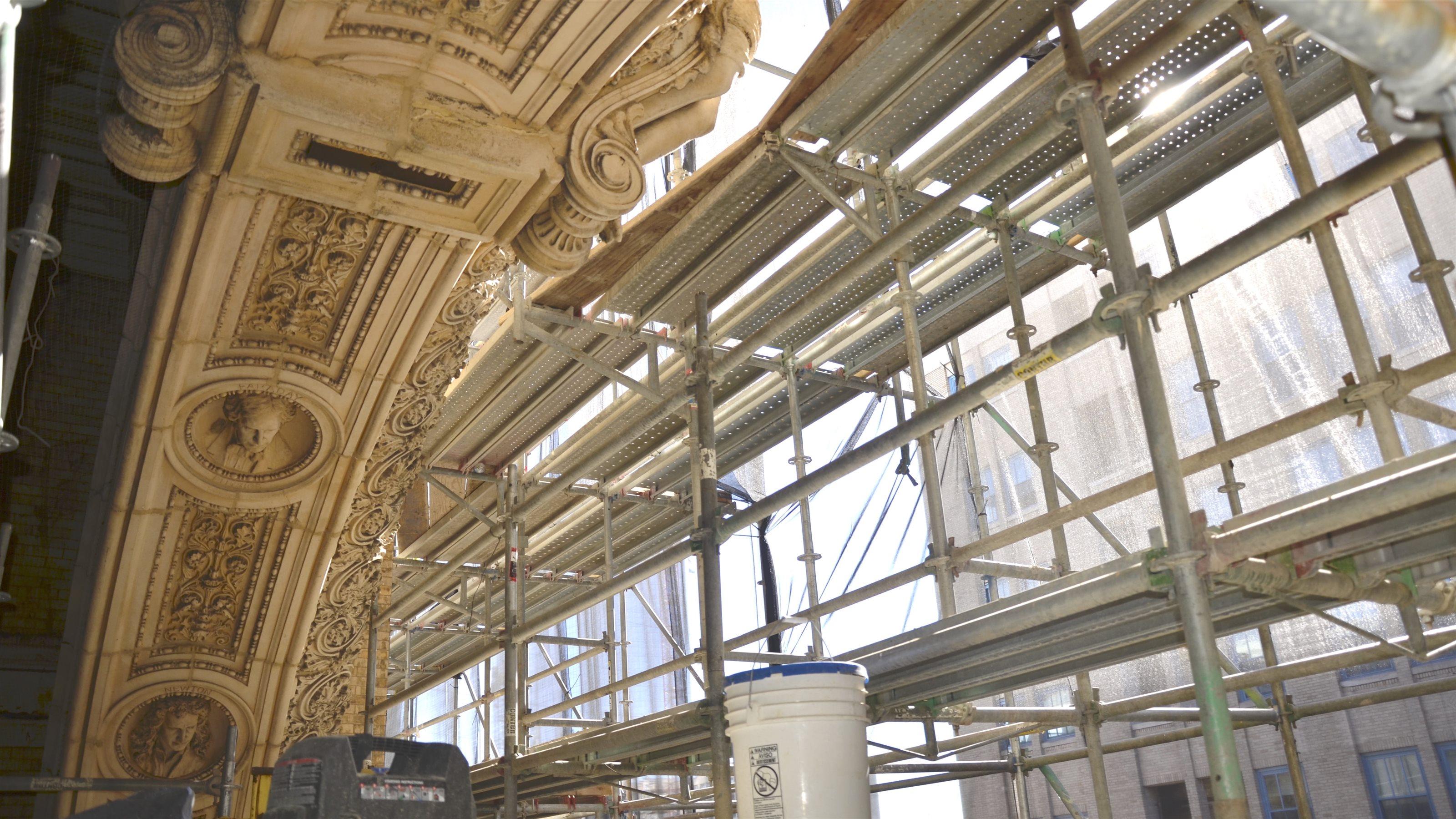 Scaffolding on Main Building covers the archway over the Chestnut Street entrance. 
