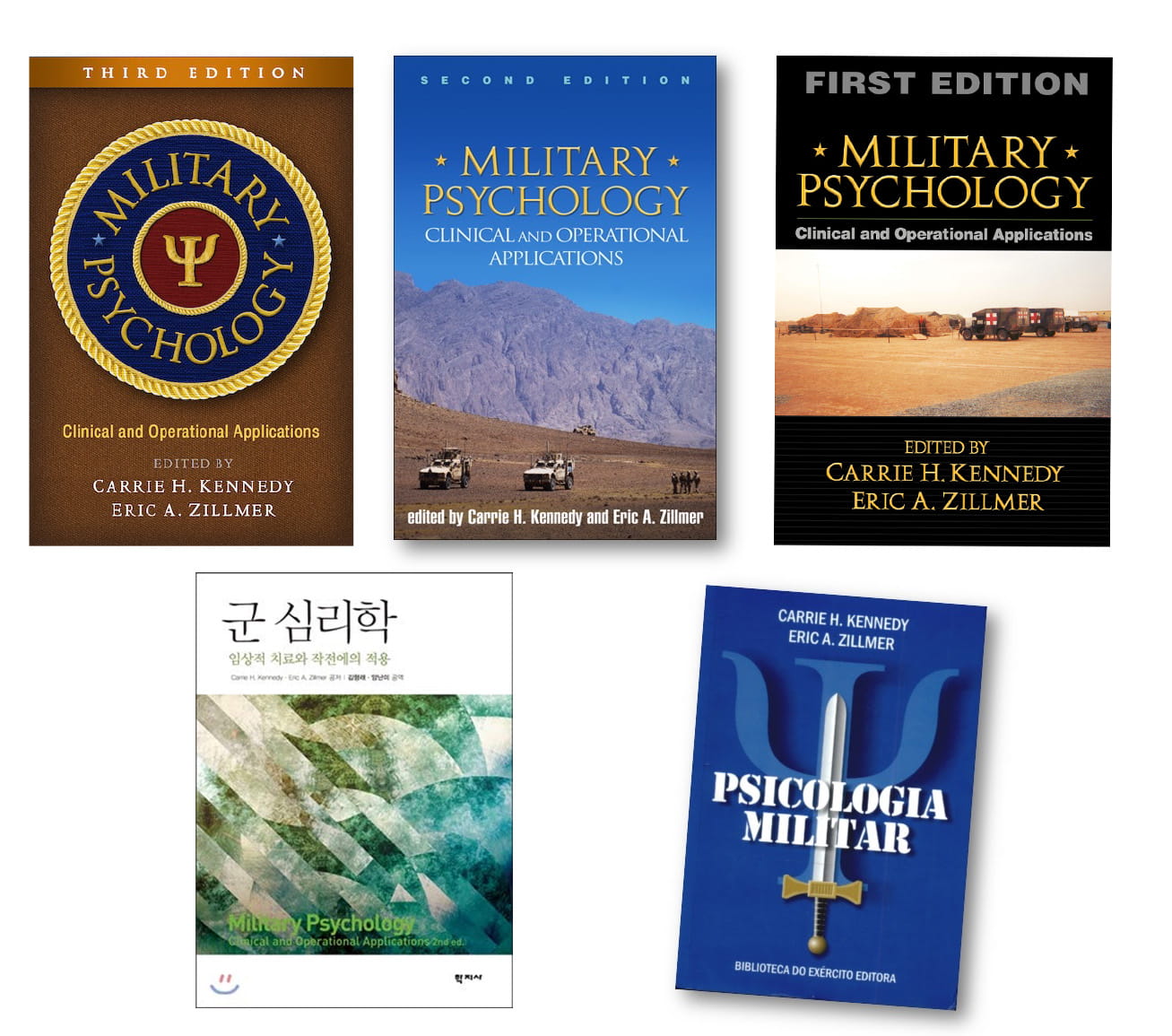 Editions and translations of “Military Psychology,” including, clockwise from top left, the third edition, the second edition and the first edition, and then the Portuguese and South Korean editions. Photos courtesy Eric Zillmer.