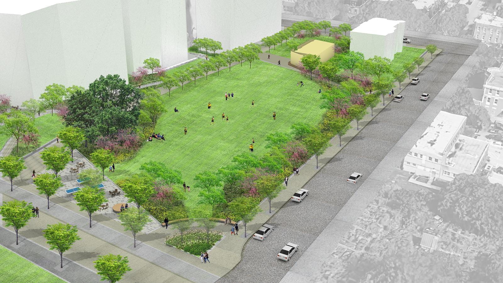 A conceptual rendering of the proposed green space. Image courtesy of Andropogon Associates.