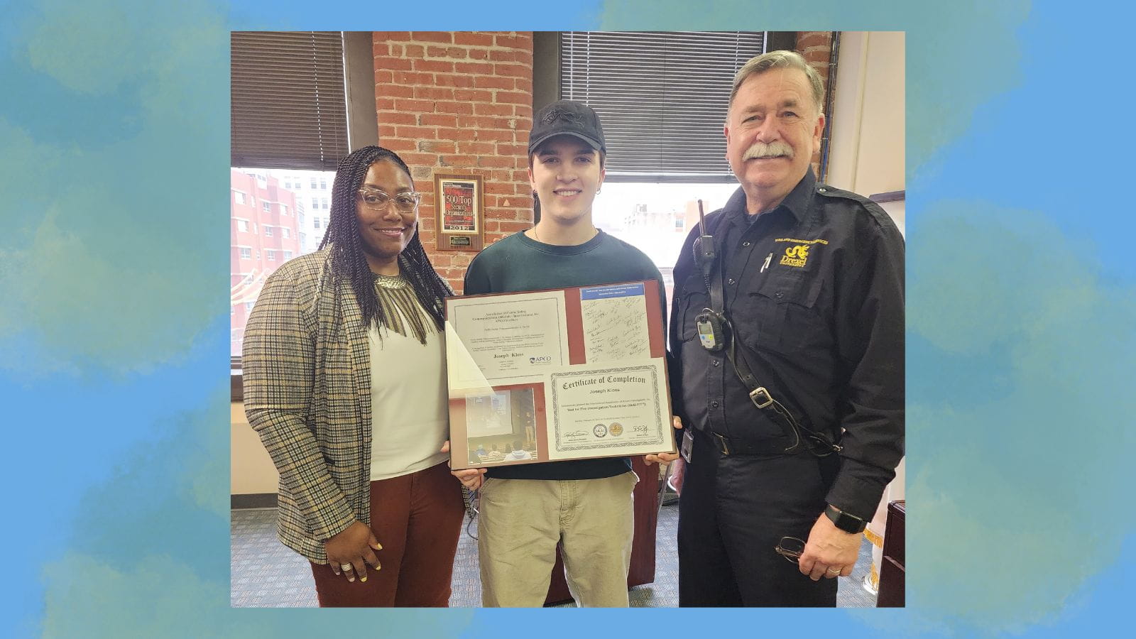 DPS’ fall-winter co-op Joey Kloss with Director of Communications Caneshia Bailey and Fire and Emergency Services Director Dave Hollinger