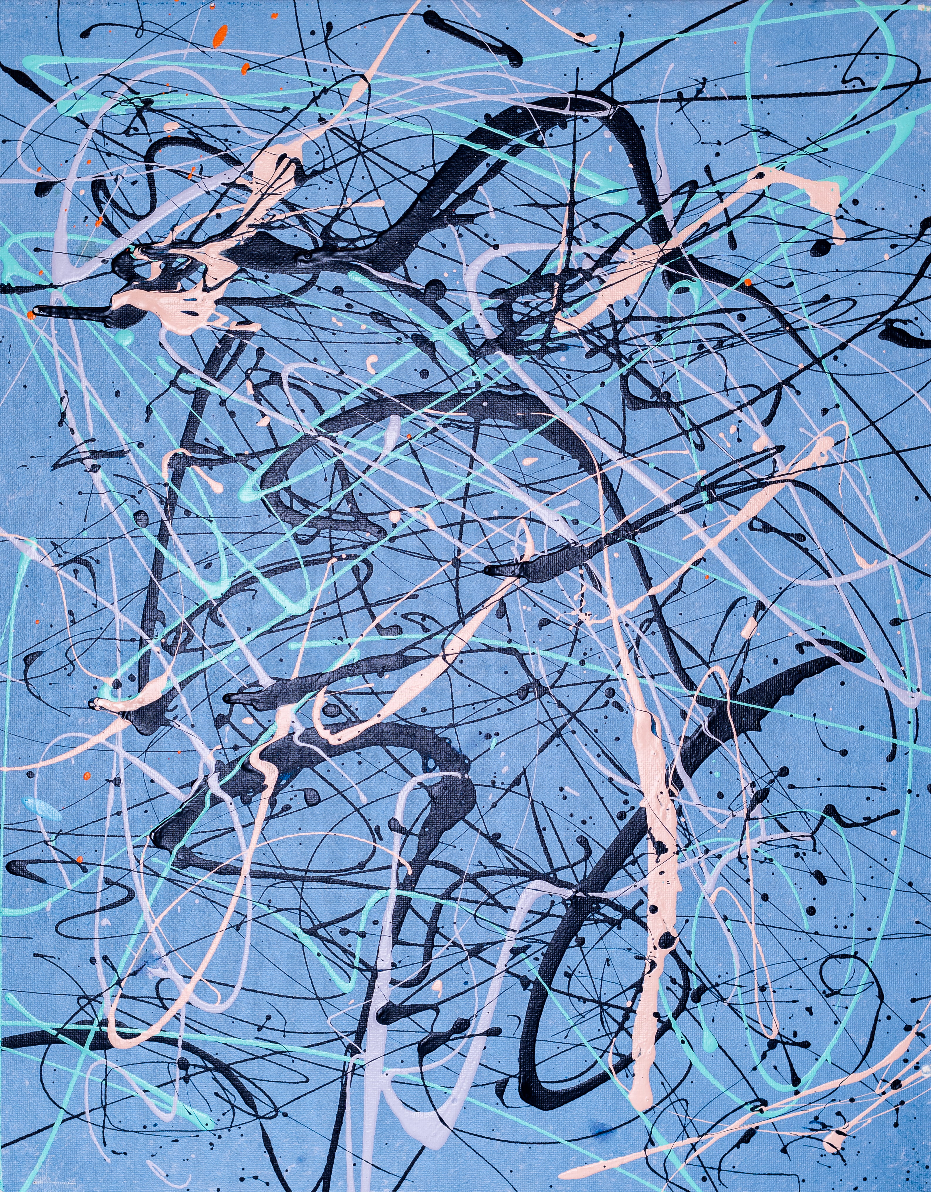 A painting with a cornflower blue background and dripped paint and squiggles in shades of dark and light blue and pink. 