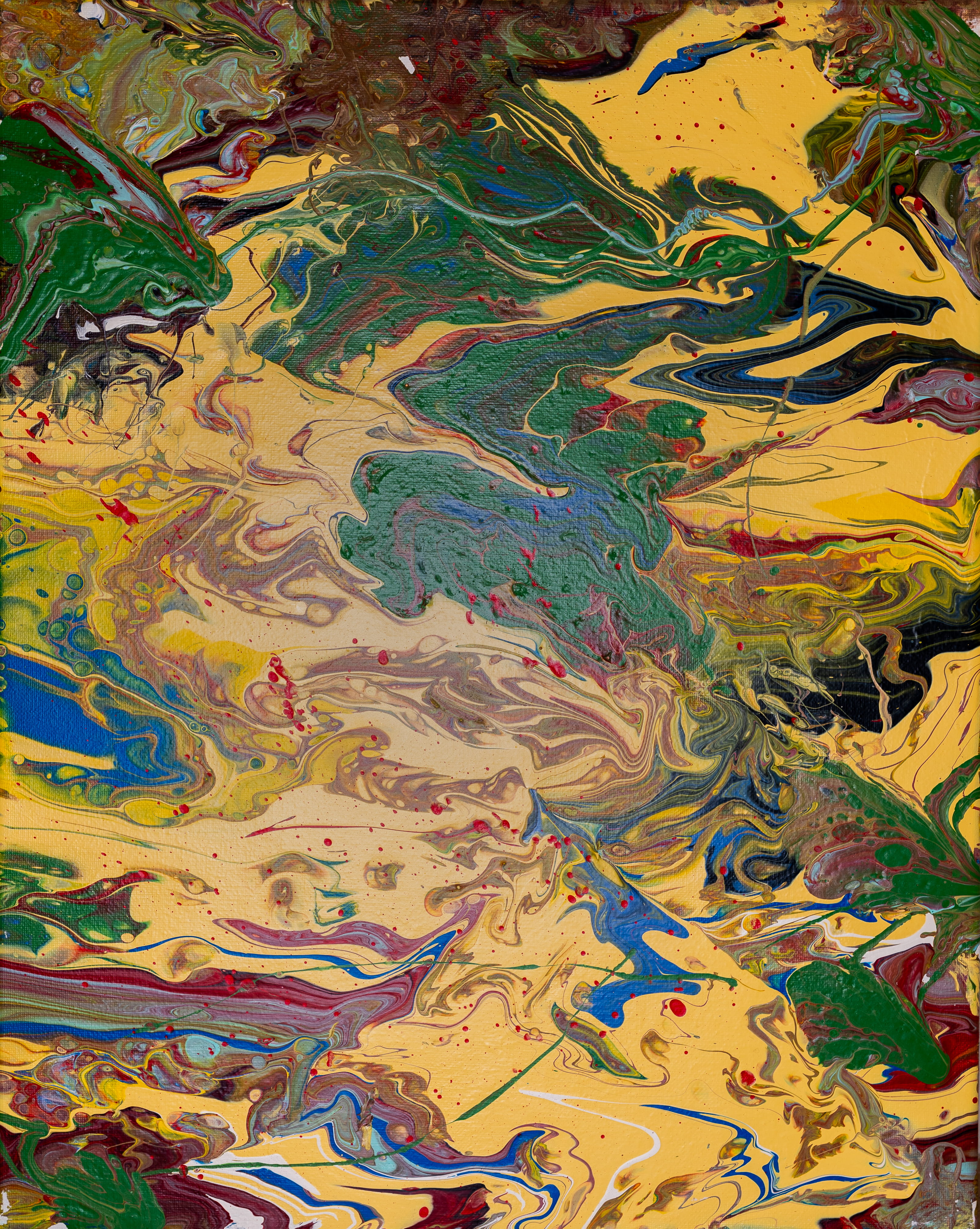 A painting with swirls of yellows, greens, blues and reds. 