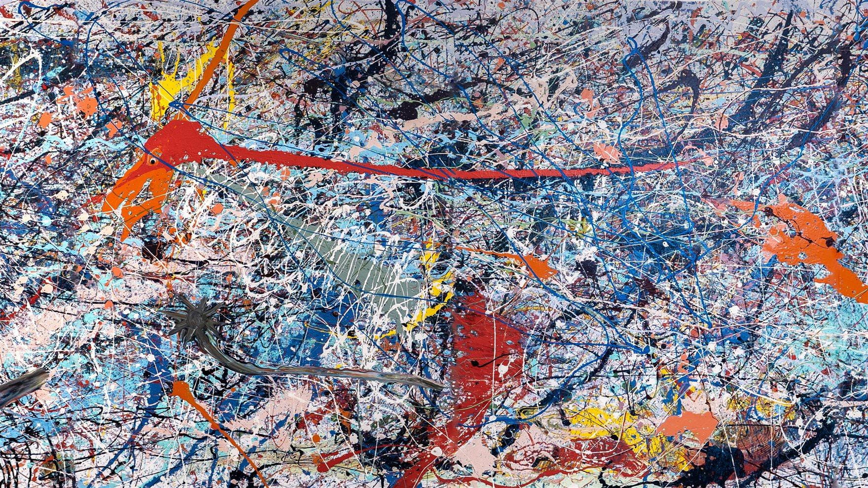 A large colorful painting with red, yellow, orange, black and blue paints swirled and dripped over the canvas. 