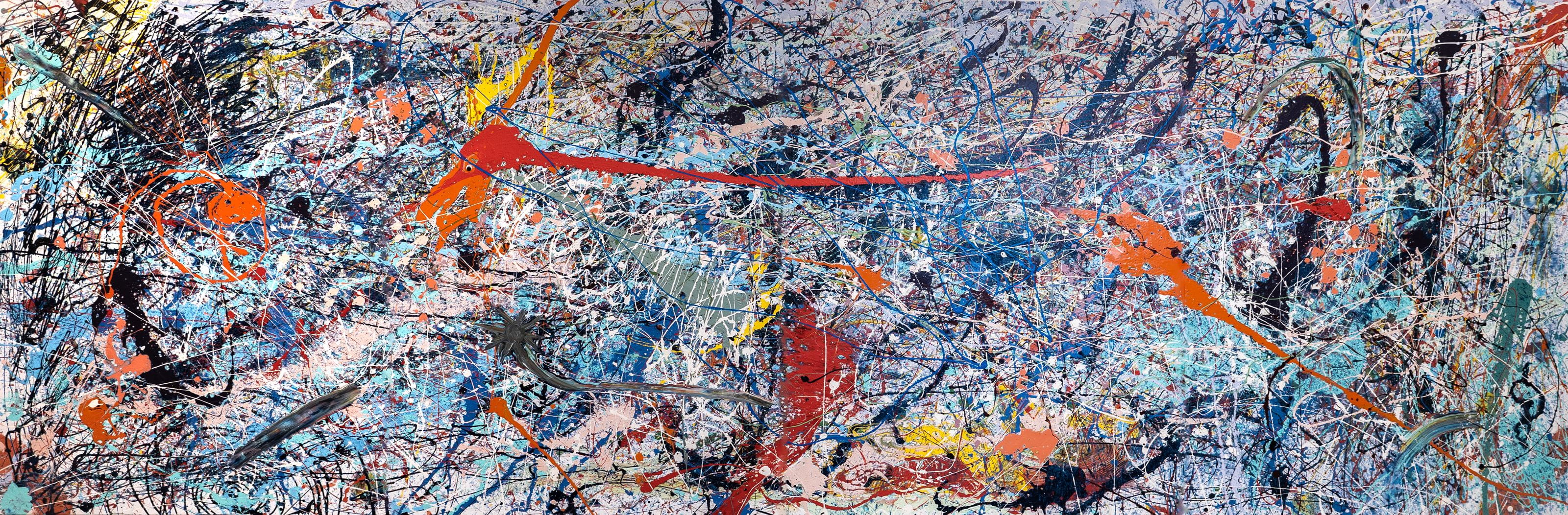 A large colorful painting with red, yellow, orange, black and blue paints swirled and dripped over the canvas. 