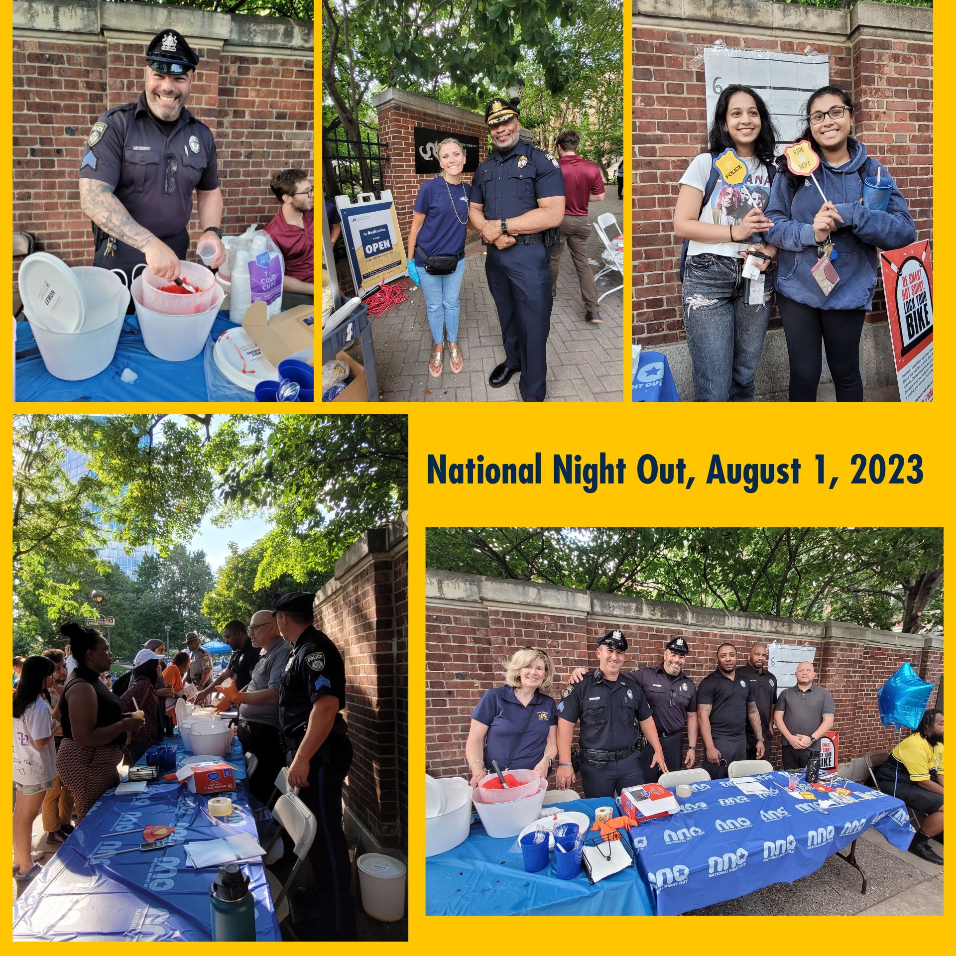 A collage of photos depicting Public Safety at this year’s National Night Out event. Left to right: A police officer scooping out water ice;  a woman and a police officer; two young women holding police officer badges. on a stick; a row of police officers and poeople behind a table; police officers scooping  water ice for people.