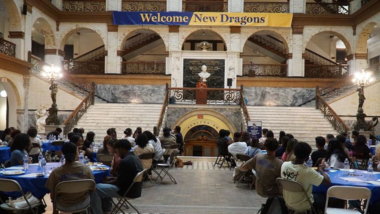 Students listening to keynote speaker, Assata Thomas at the THRIVE Students of Color Empowerment Retreat Opening Dinner on September 14, 2023. Photo Credit: Rox Scott