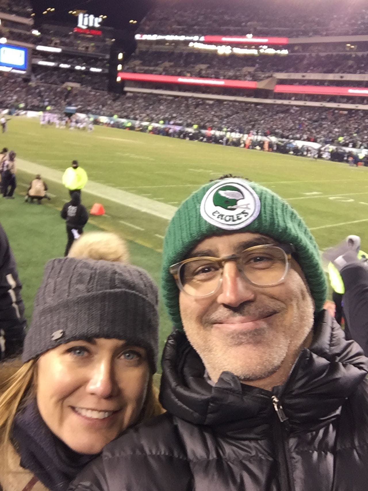 Joe Marsini representing the Eagles with a beanie during a game. 