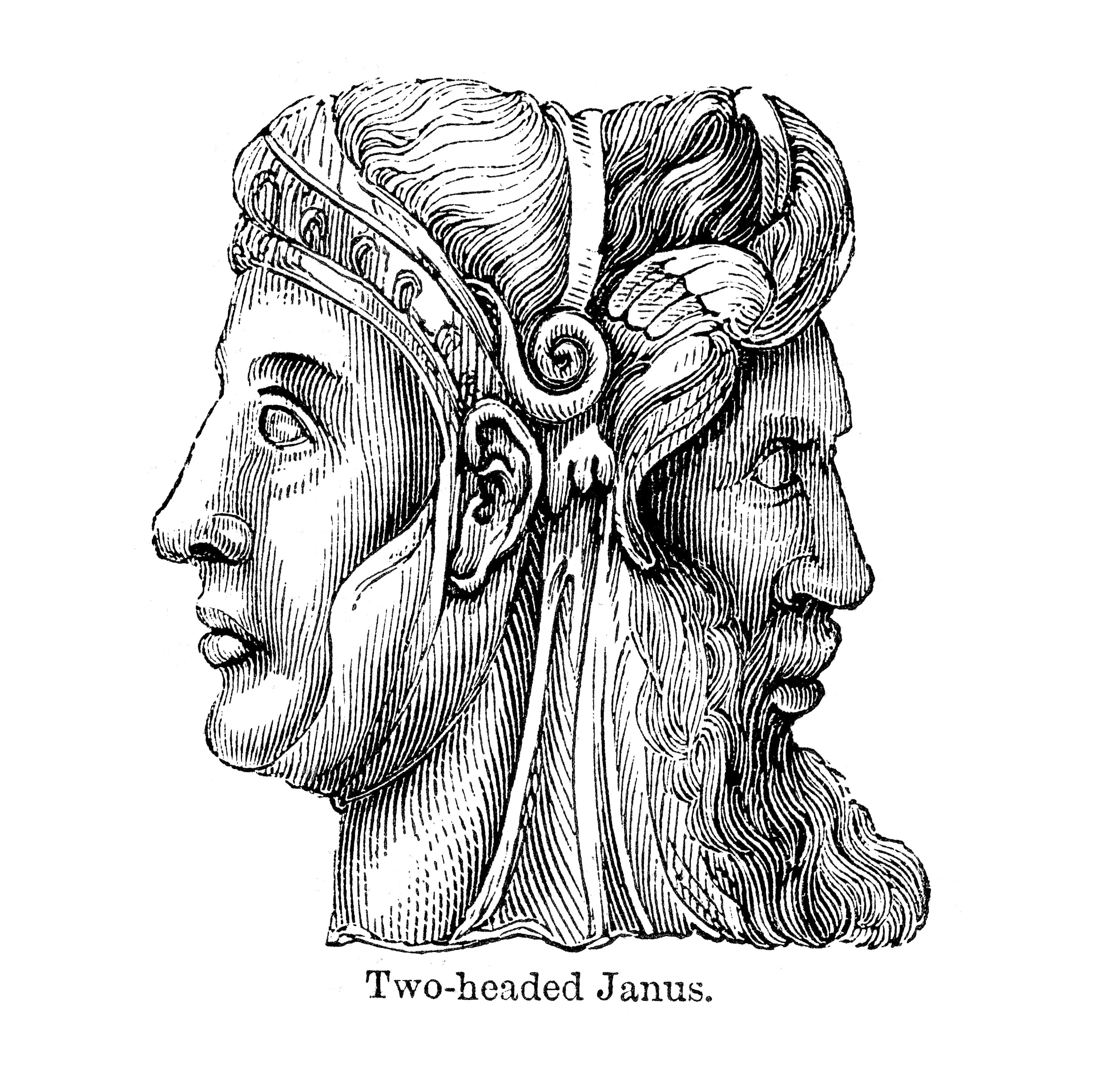 Vintage engraving of Janus. In ancient Roman religion and myth, Janus is the god of beginnings and transitions, thence also of gates, doors, passages, endings and time. He is usually depicted as having two faces, since he looks to the future and to the past