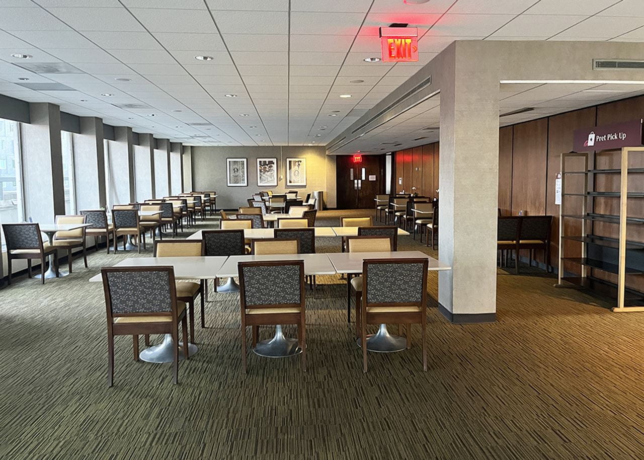 Tables and chairs in the City View Lounge.