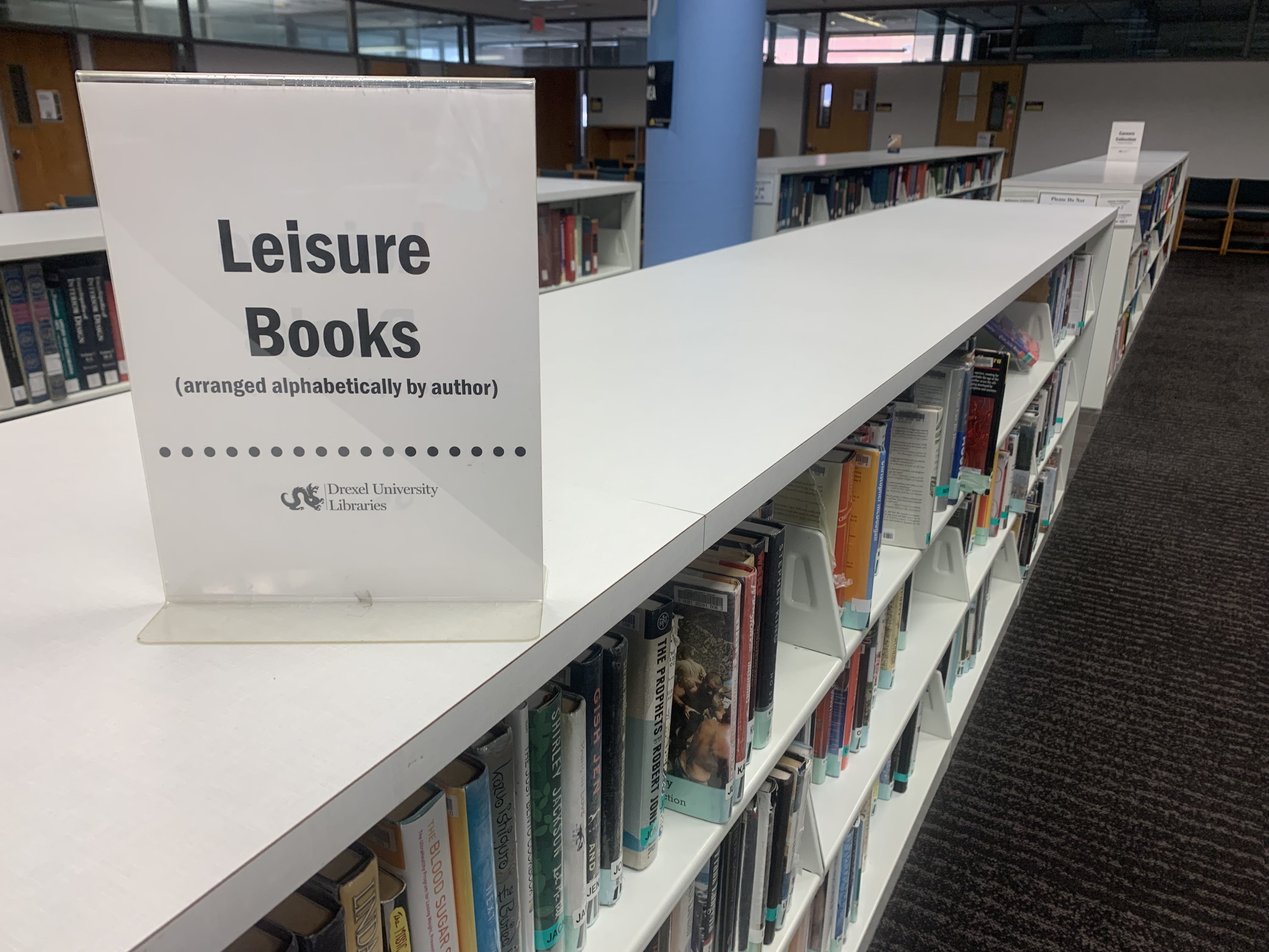 Sign reading Leisure Books at Drexel library