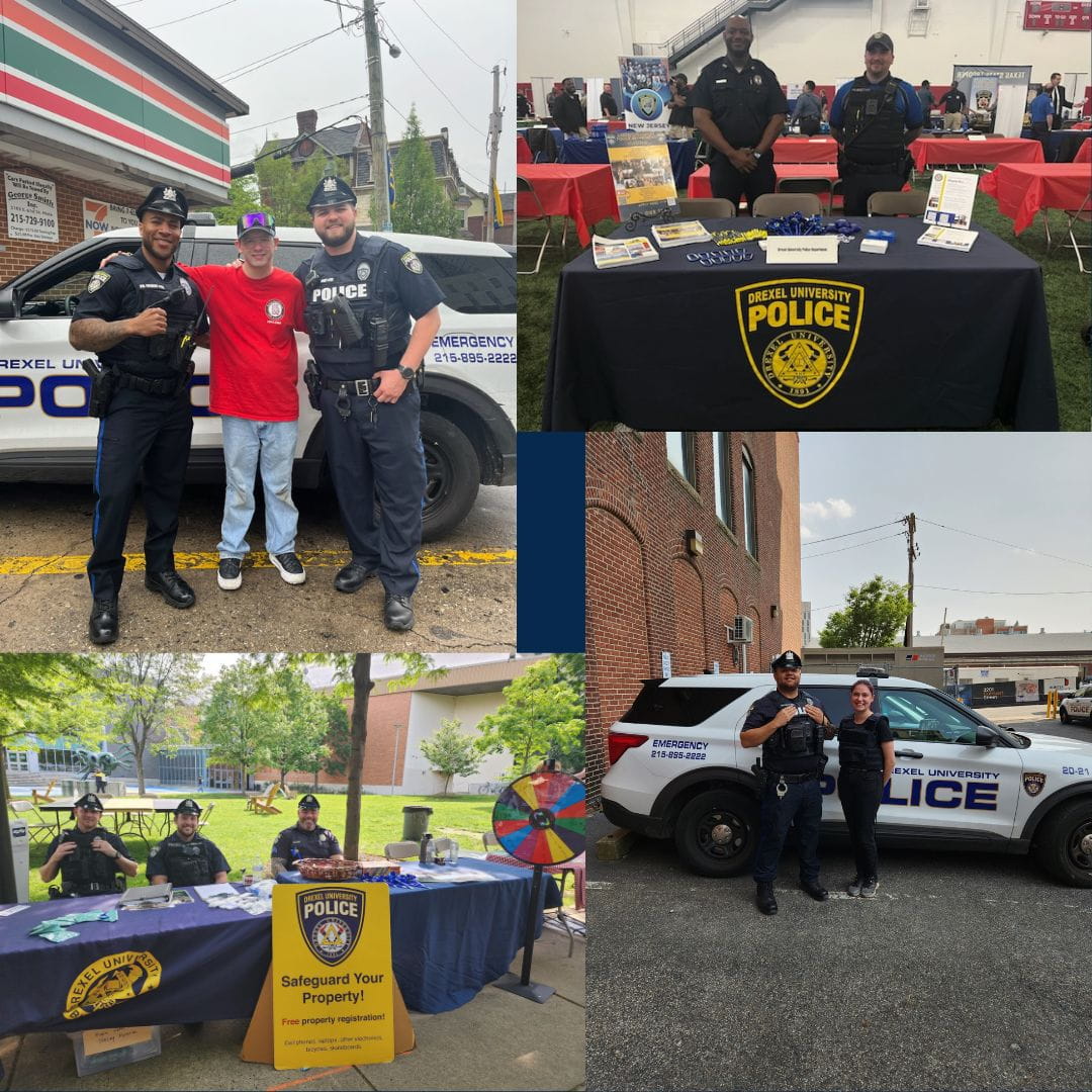 Four images arranged on a blue background of police officers with community members and team members in front of cars and at tabling events.