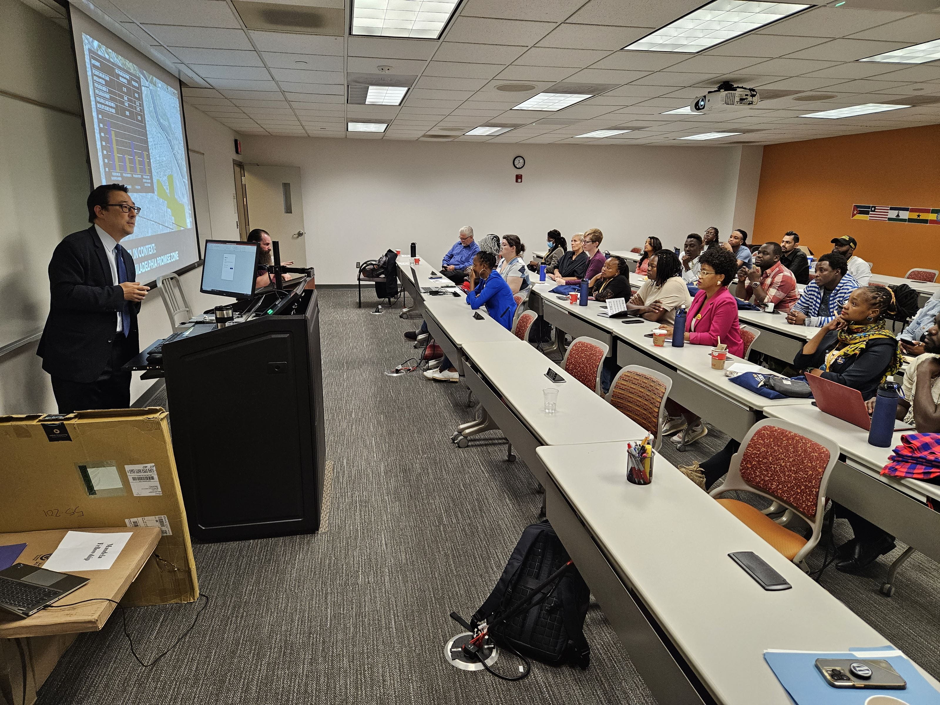 Vice Provost Youngmoo Kim welcomed the freshly arrived Mandela fellows and introduced them to Drexel place-based civic engagement and the University Community Partnership on their first day of Institute.